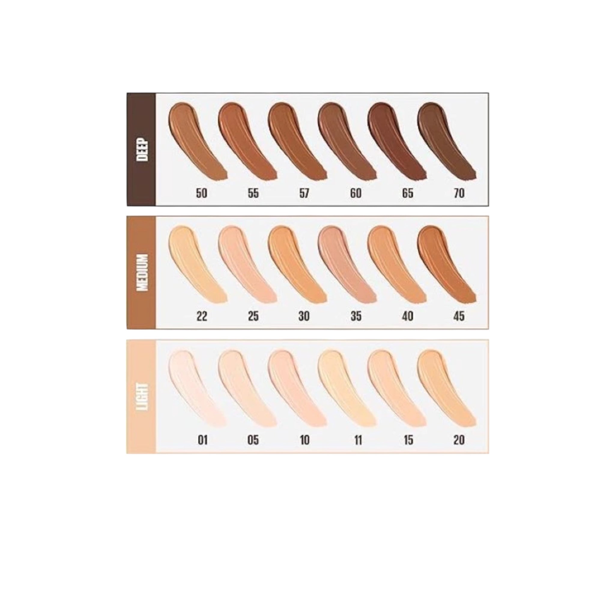 Color swatch chart for makeup shades on a white background