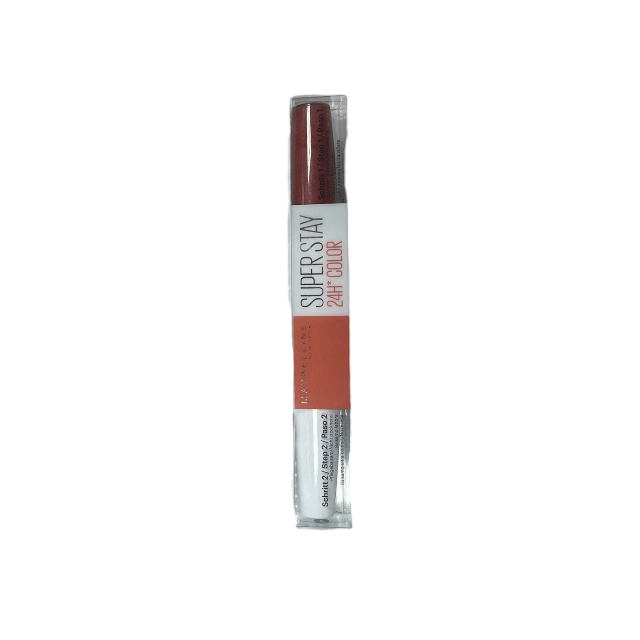 Lipstick tube with 'Super Stay' text on a white background