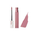 Pink lip gloss with applicator and swatch on a white background