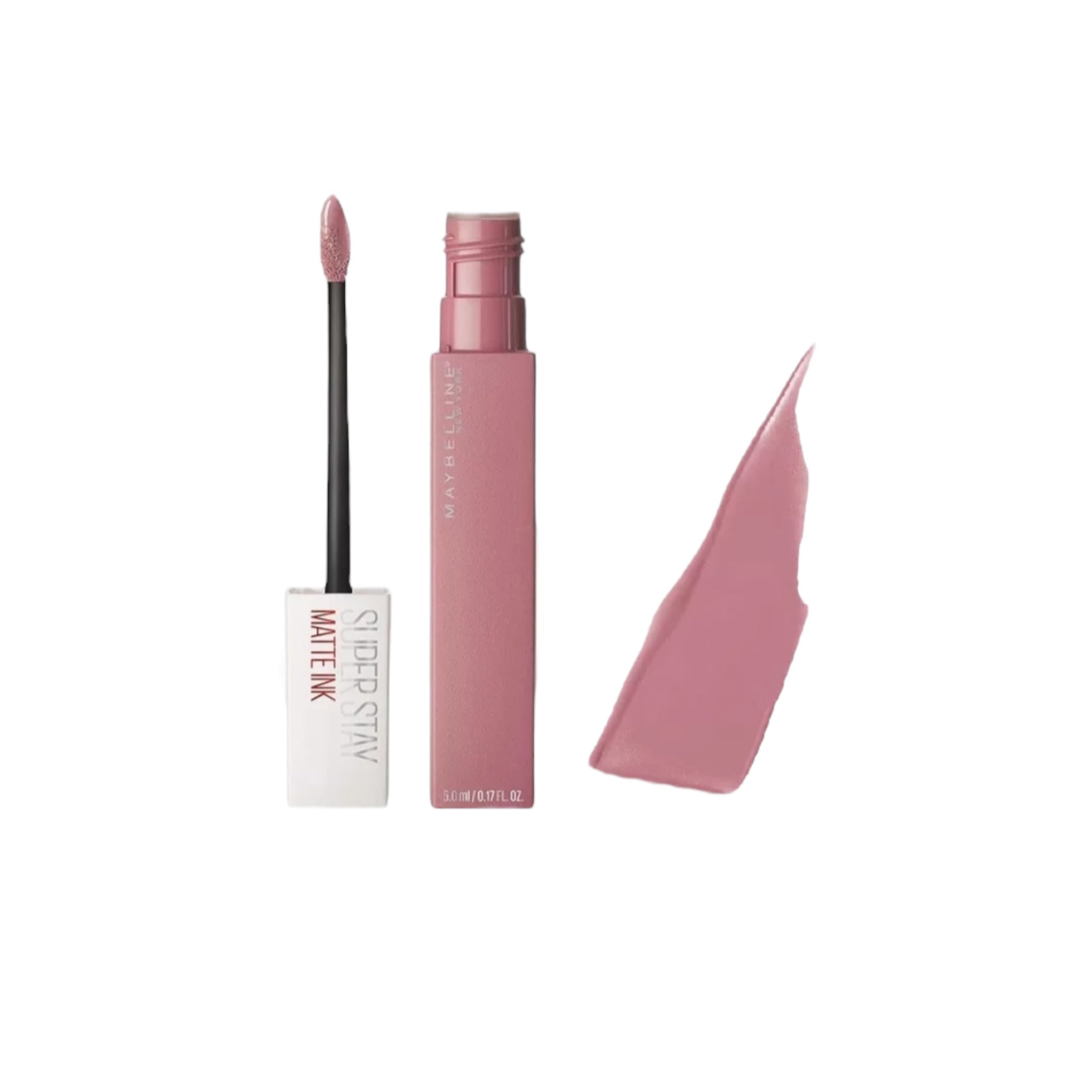 Pink lip gloss with applicator and swatch on a white background