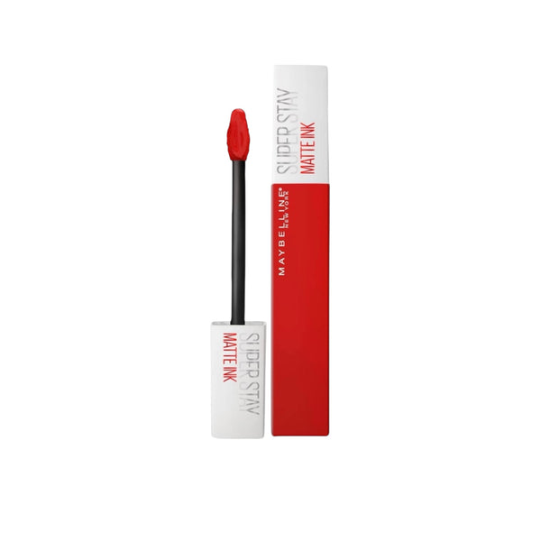 Maybelline Super Stay Matte Ink lipstick with red cap and packaging on a white background
