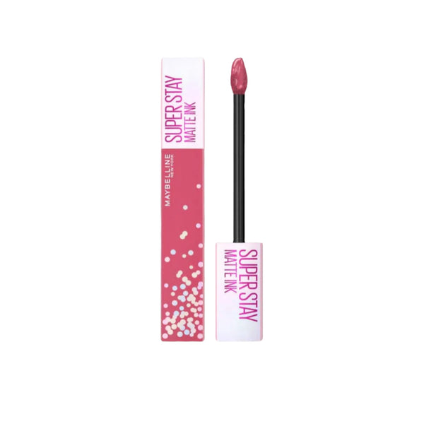 Maybelline Super Stay Matte Ink lip gloss with packaging on a white background