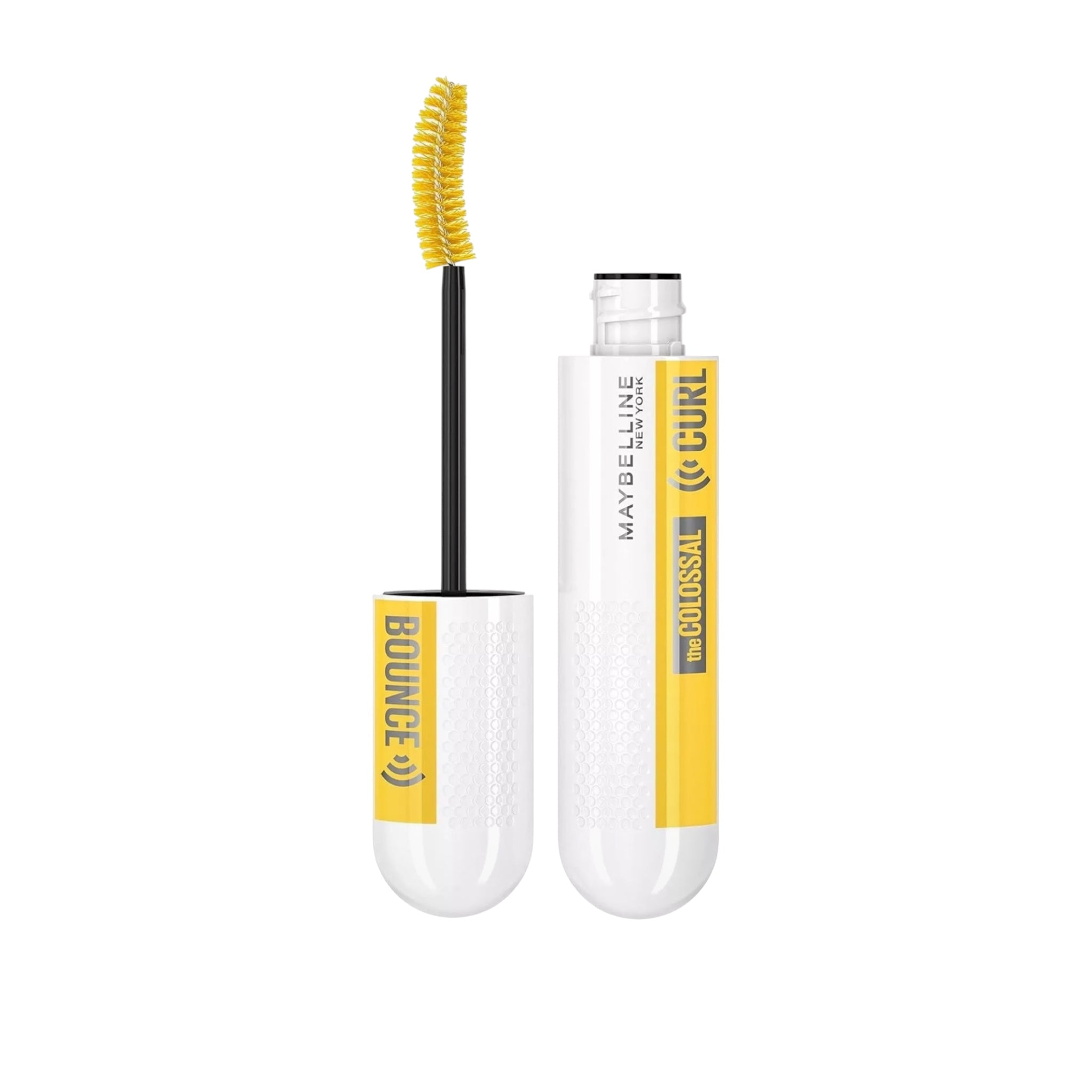 Maybelline mascara with yellow and black design on a white background