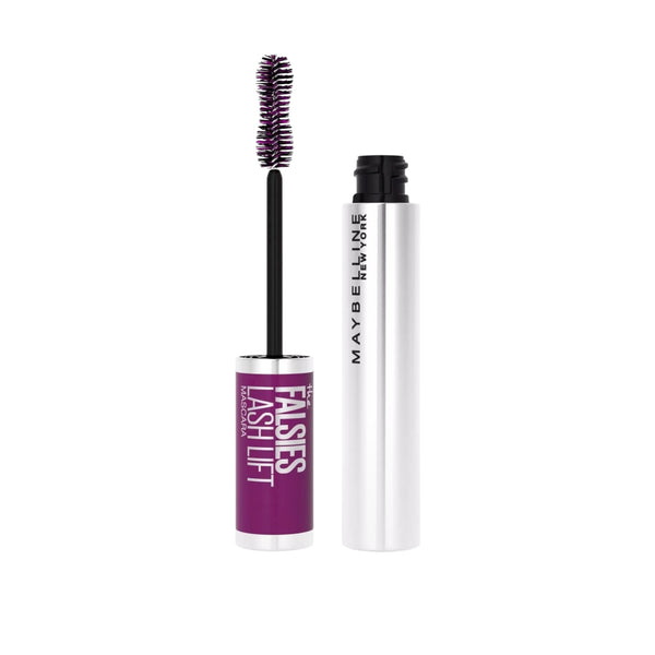 Maybelline mascara with purple cap and white body on a white background
