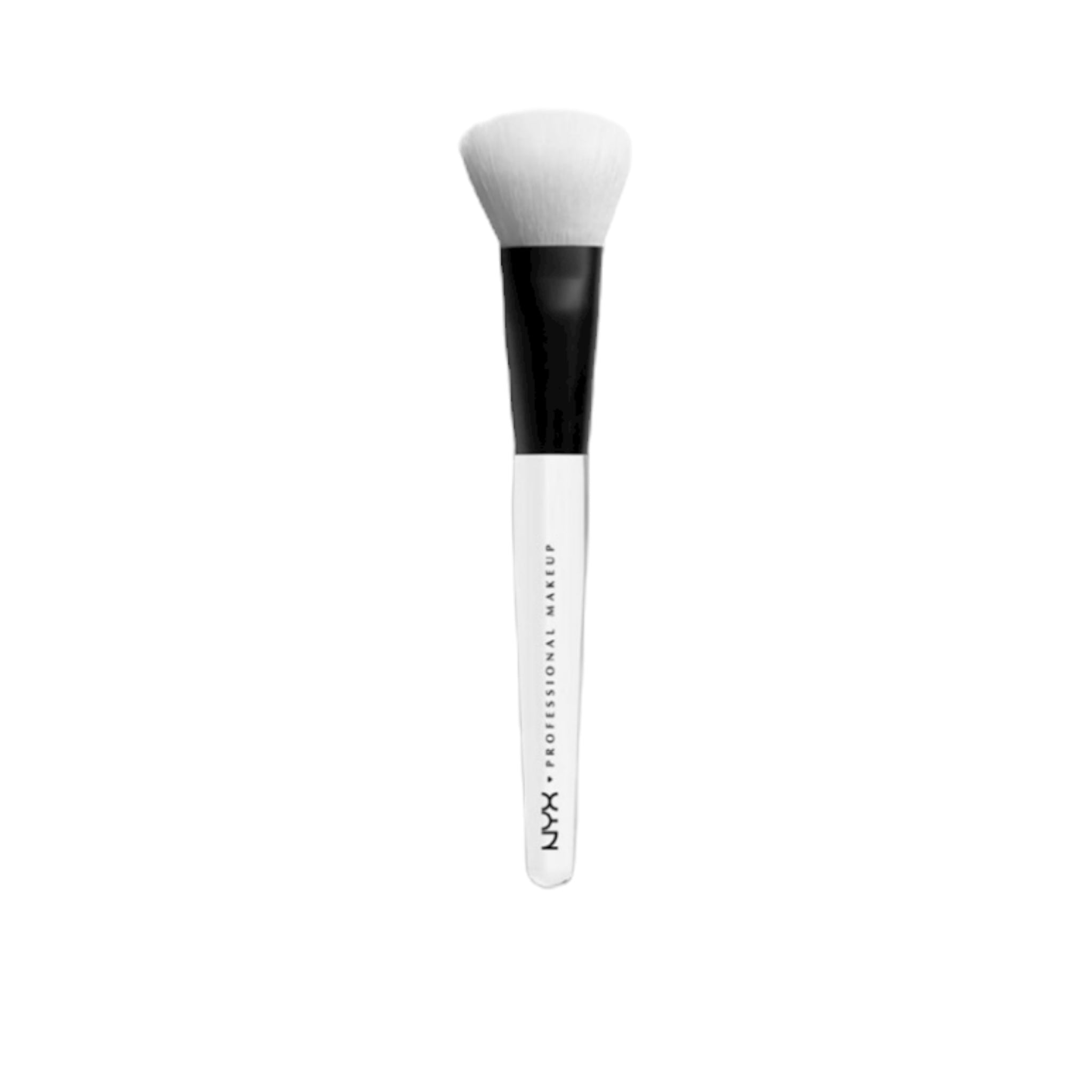 Makeup brush with black and white handle on a white background