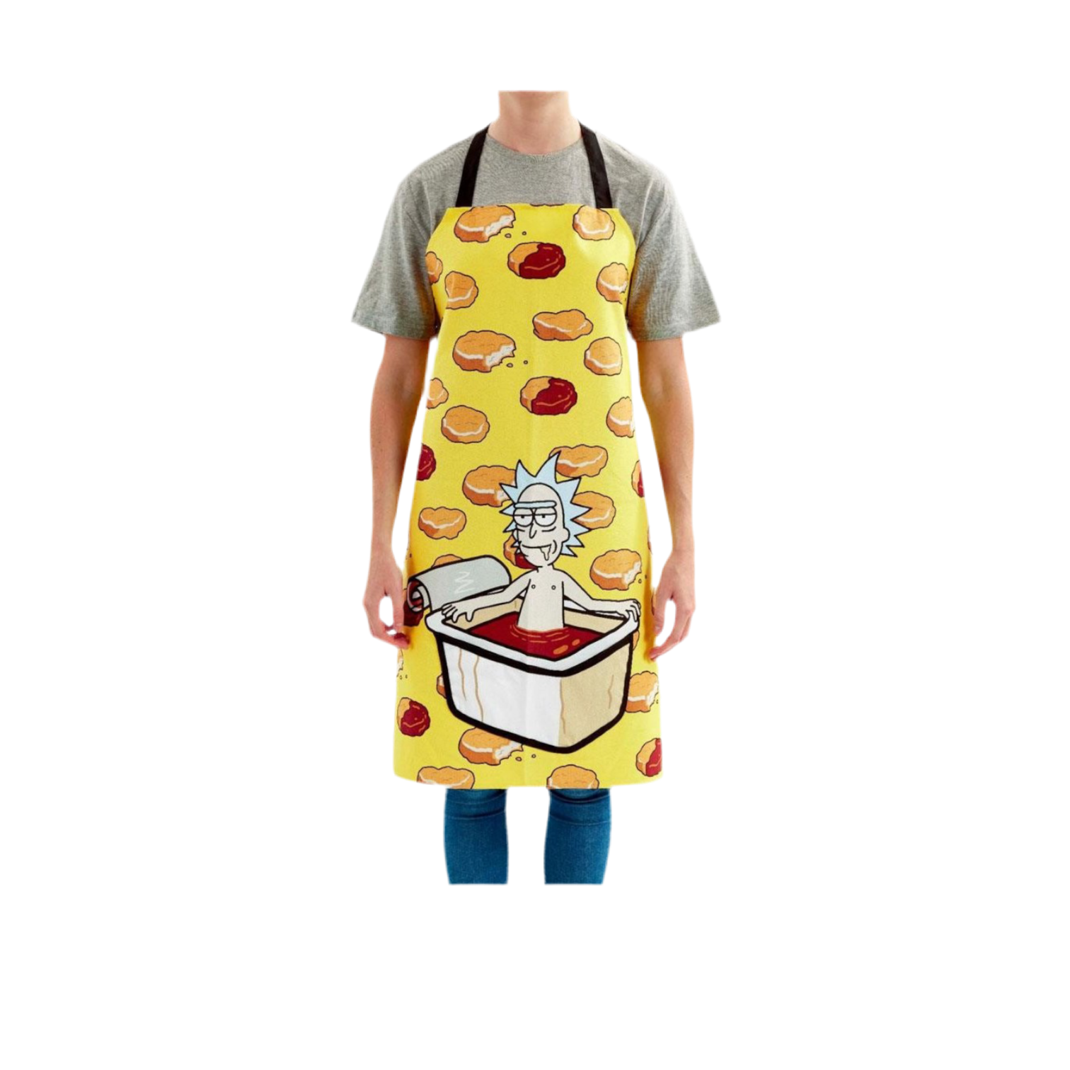 Person wearing a yellow apron with Rick & morty design on a white background