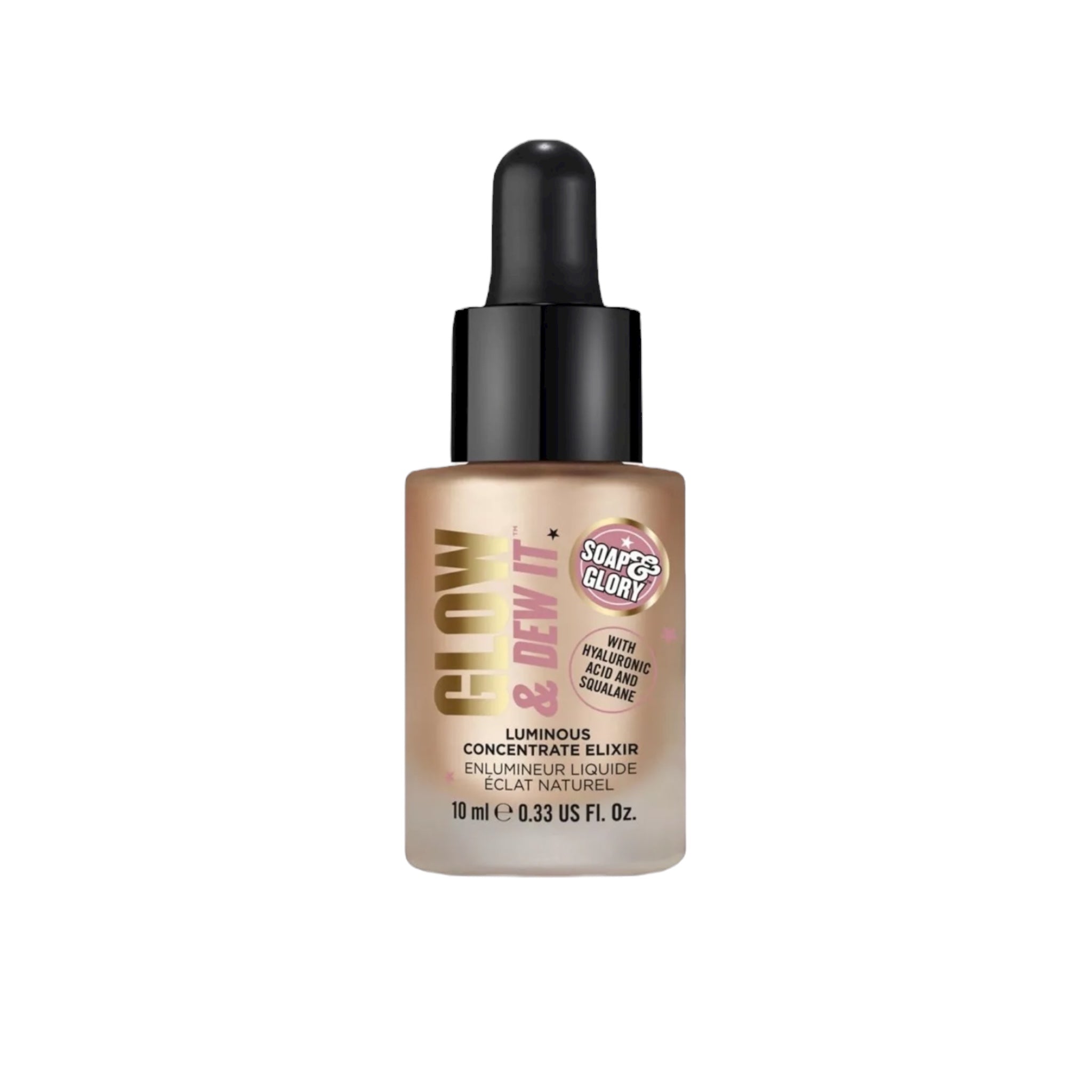 Soap & Glory Glow & Dew It illuminating concentrate elixir bottle on a white background