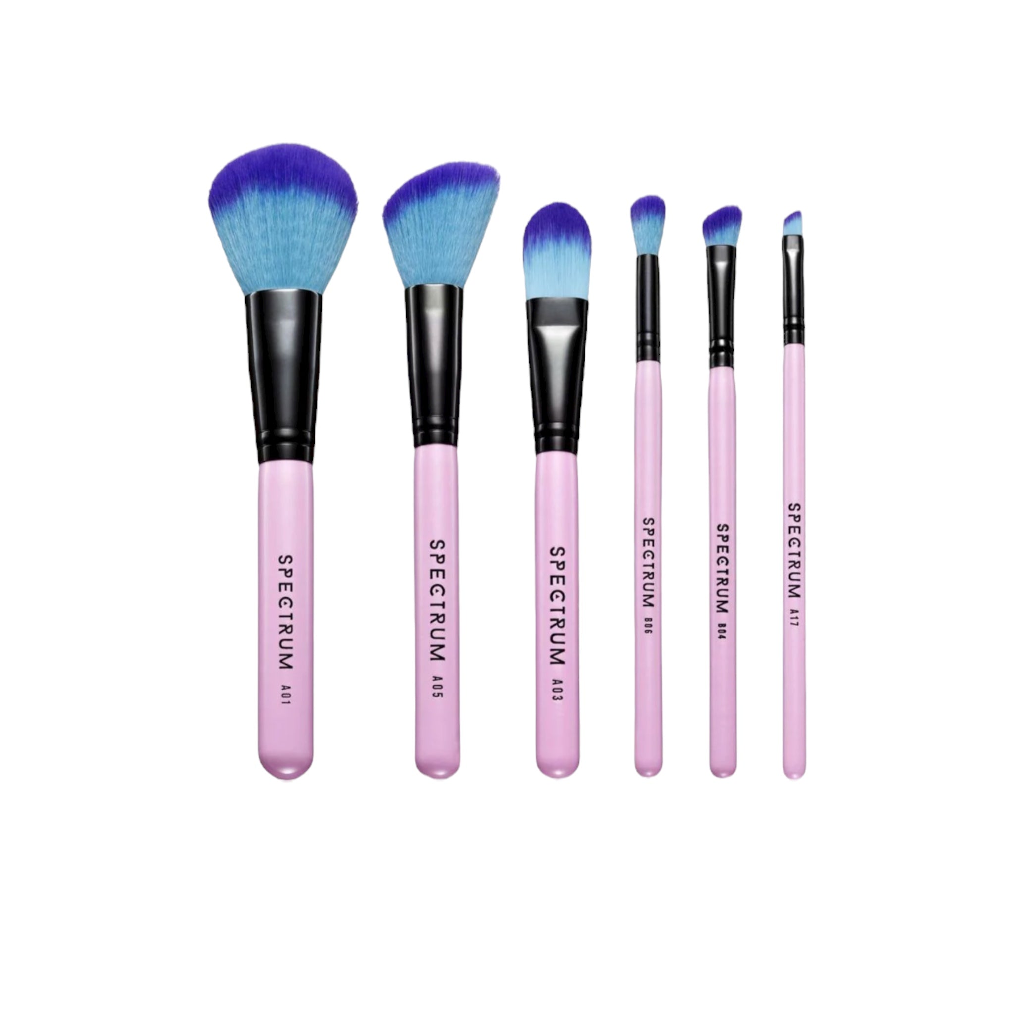 Set of makeup brushes with pink handles and blue bristles on a white background