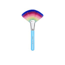 Makeup brush with a colorful bristle head and blue handle on a white background