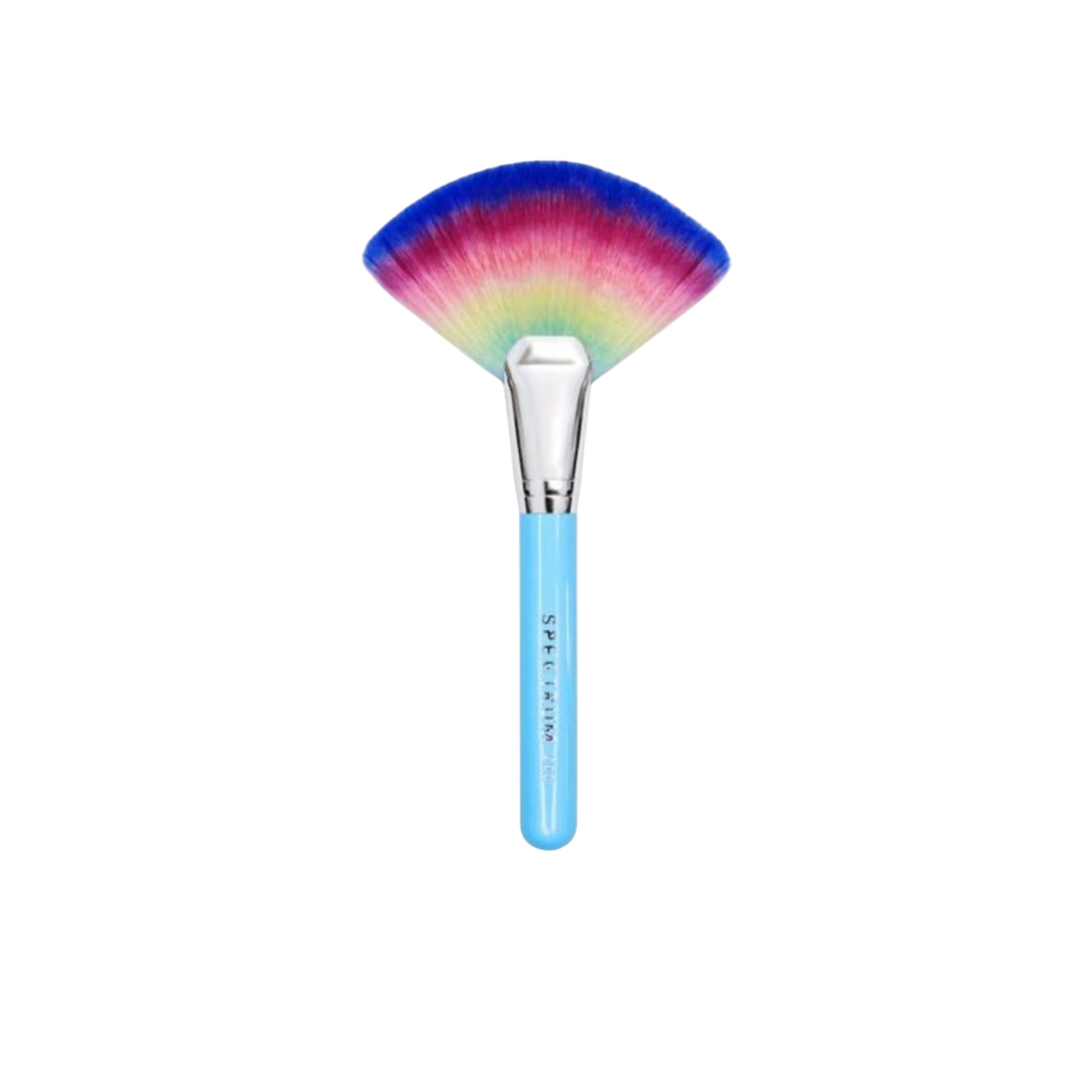 Makeup brush with a colorful bristle head and blue handle on a white background
