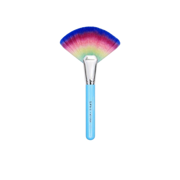 Makeup brush with a colorful bristle head and blue handle on a white background