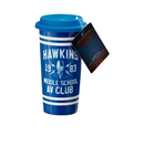 Blue travel mug with 'Hawkins Middle School AV Club' text and a matching card on a white background