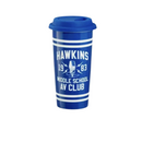 Stranger Things Blue travel mug with 'Hawkins 1983 Middle School AV Club' text on a white background