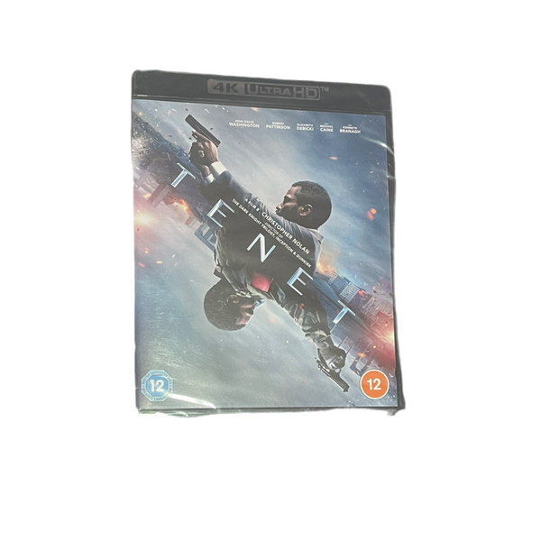 DVD cover of 'Tenet' with a character holding a gun on a white background