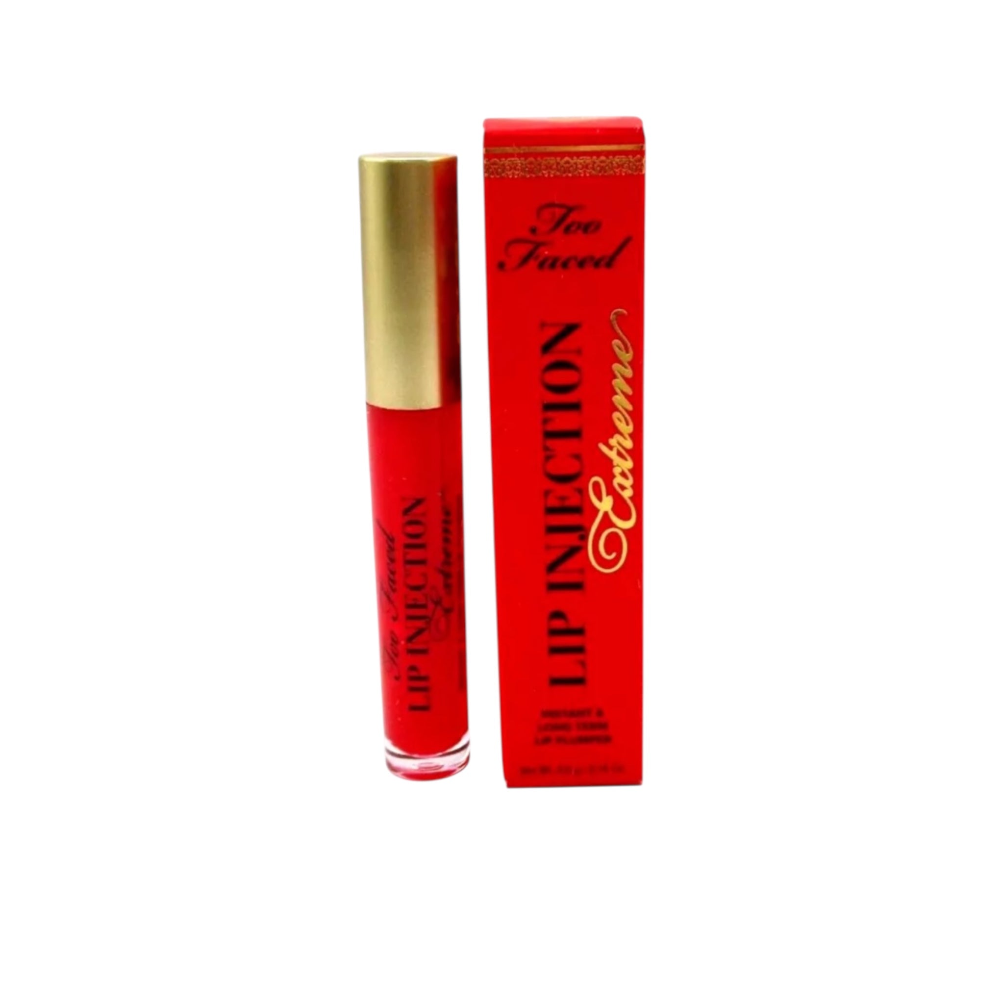 Red lip gloss with gold cap and red box on a white background
