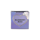 Product packaging with 'Blueberry Buzz' text inside a heart shape on a white background