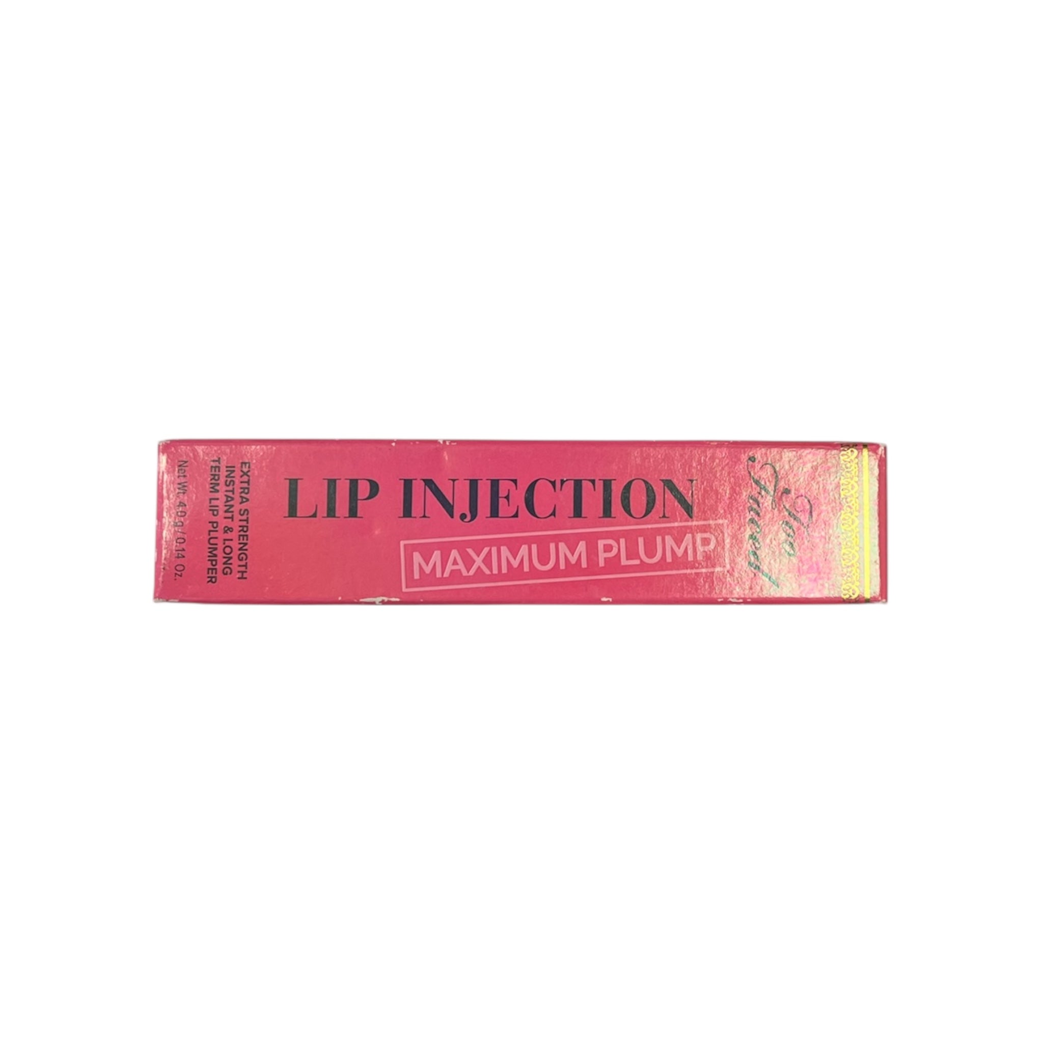 Lip injection product packaging with pink and yellow design on a white background