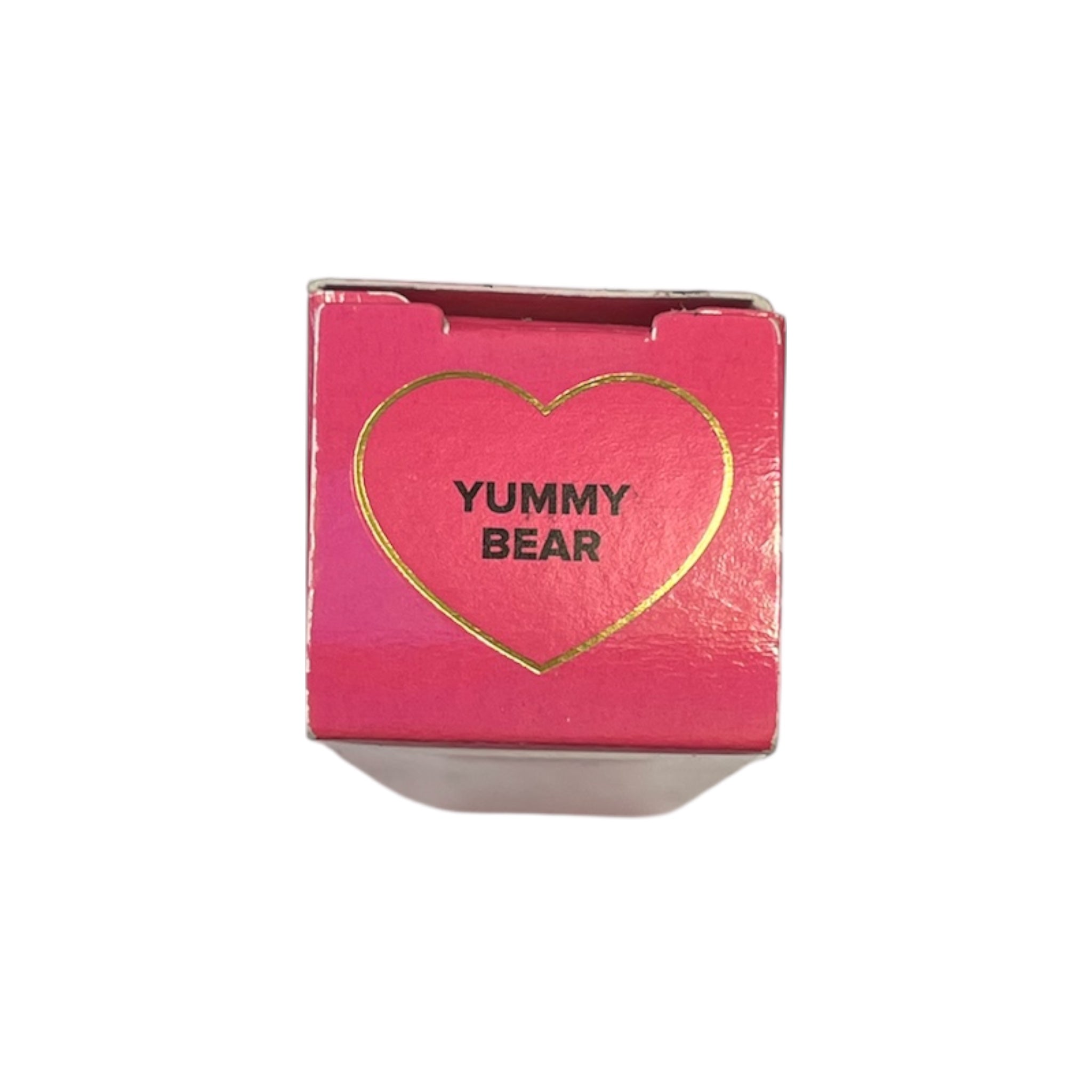 Pink container with a heart-shaped gold logo and 'Yummy Bear' text on a white background