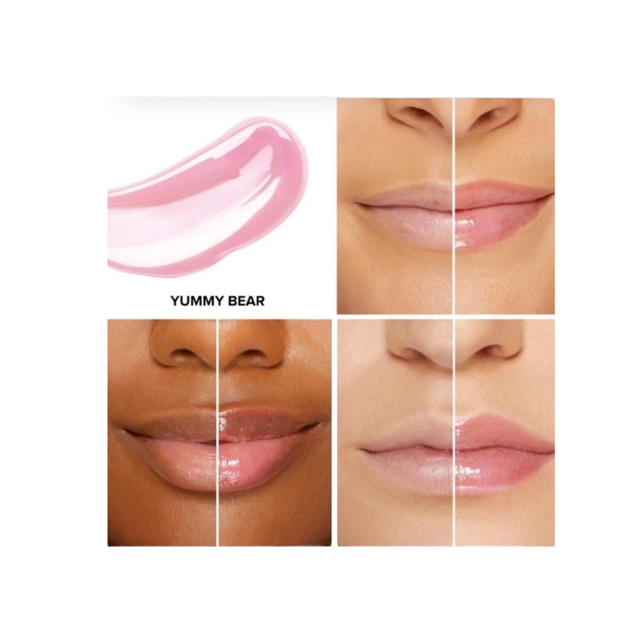Lipstick shade comparison with 'Yummy Bear' brand name on a white background