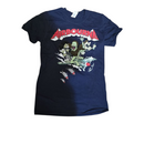 Navy blue t-shirt with 'Airbourne' band graphic on a white background