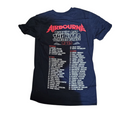Navy blue t-shirt with red and white text on a white background