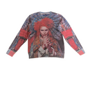 Sweatshirt with a graphic design of a person with red hair and colorful patterns on a white background