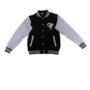 Black and gray varsity jacket with a logo on a white background
