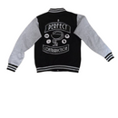 Black and gray varsity jacket with text and graphics on the back against a white background