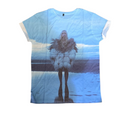 T-shirt with a printed design of a person in a fur coat on a white background