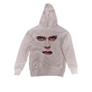 White hoodie with a graphic of a face on a white background