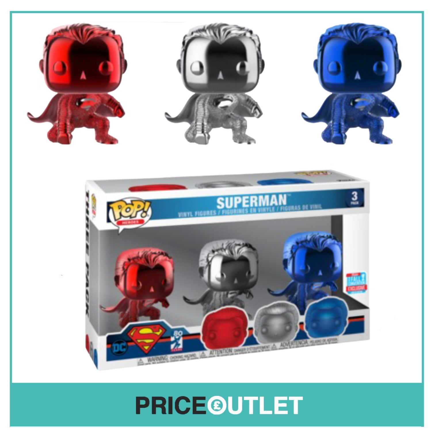 Funko - Superman (Chrome) Deluxe 3 Pack Funko Pop! Heroes: 2018 NYCC Shared Exclusive